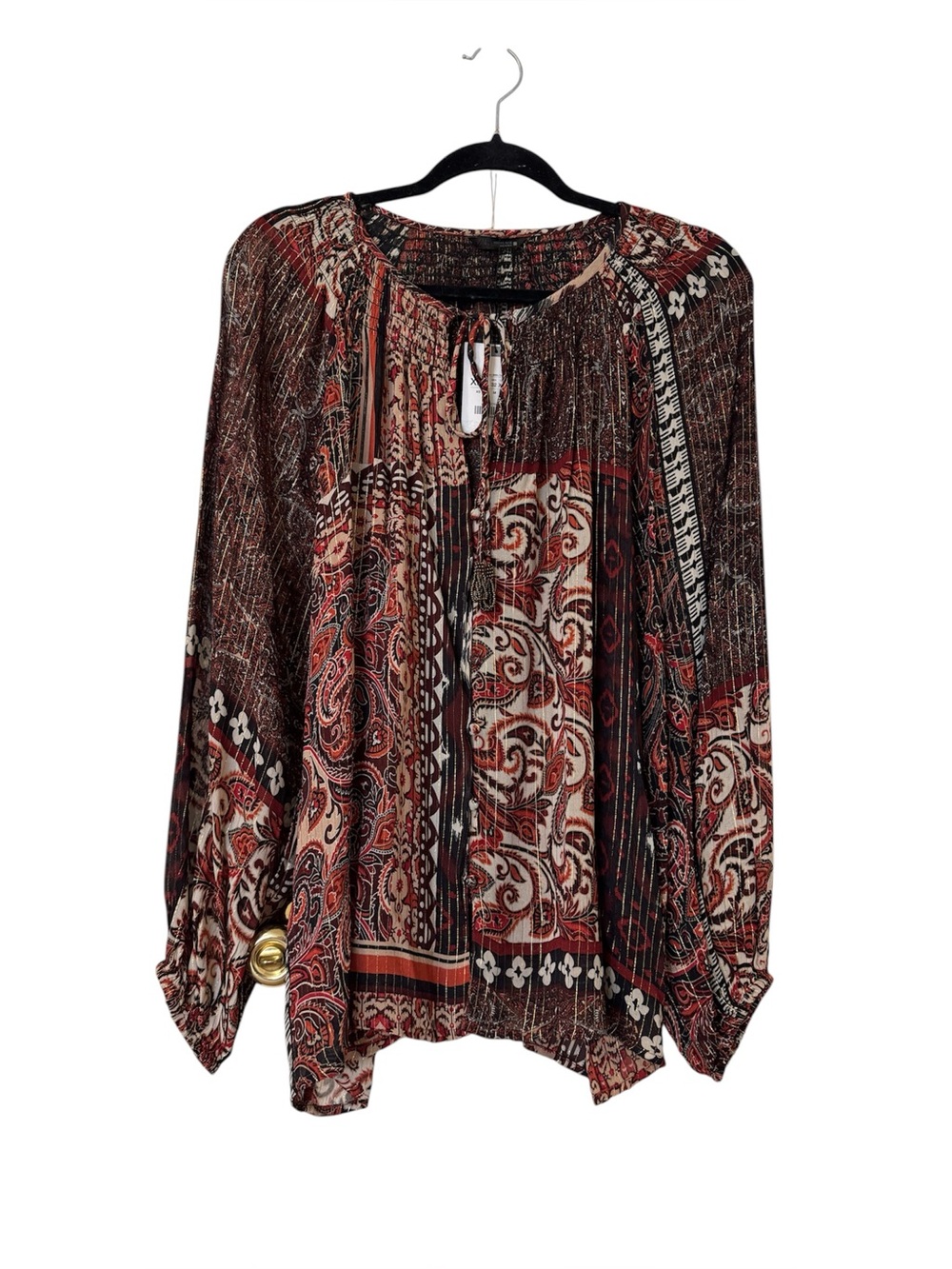 Zara Metallic Thread Printed Boho Patchwork Blouse Maroon Paisley Size XL